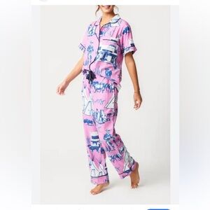 Katie Kime Marfa Toile Pant Set, sz M pink blue print